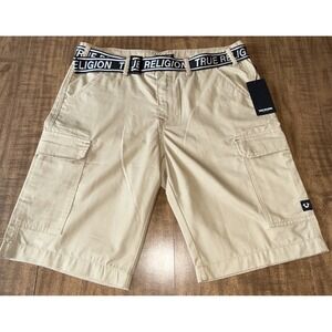 True Religion‎ Belted Cargo Shorts Tan Men's Size 36 Logo Waistband